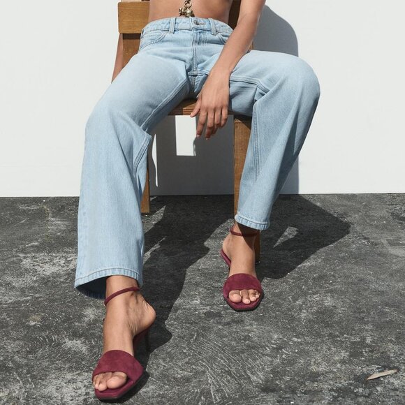 Zara Burgundy Red Suede Mid-Heel Sandals | Size 10 | Square Toe NWT Chic Trendy - Picture 1 of 9